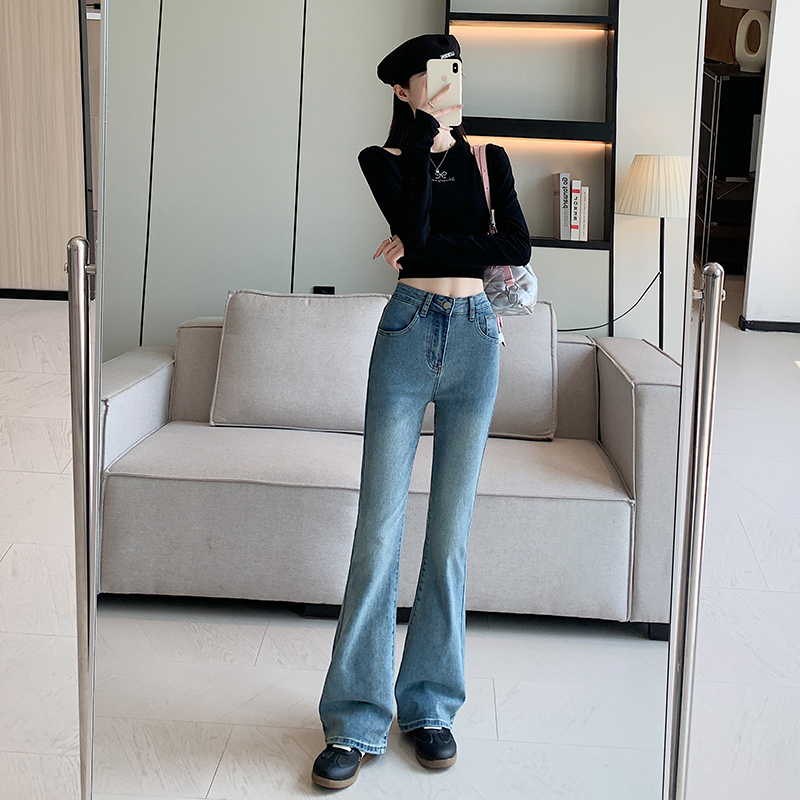 實拍顯瘦微喇牛仔褲女秋季新款梨形身材高腰彈力喇叭褲子長褲女