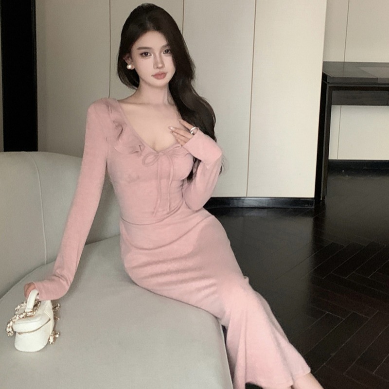 實拍復古性感V領荷葉邊綁帶收腰顯瘦長袖針織連衣裙女