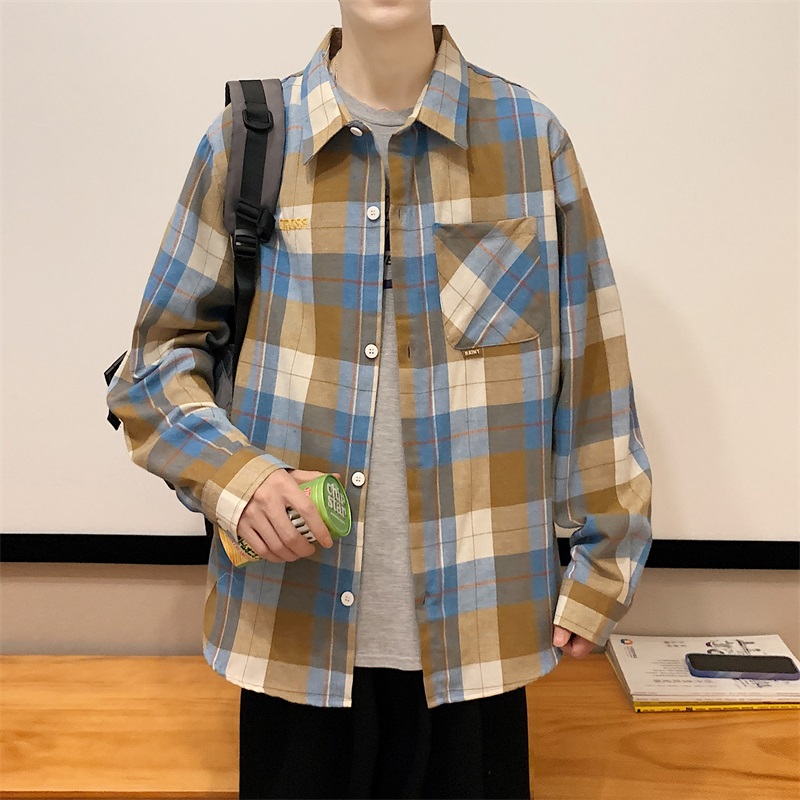 實拍秋季格子襯衫男寬松休閑外套男潮牌學生長袖襯衣