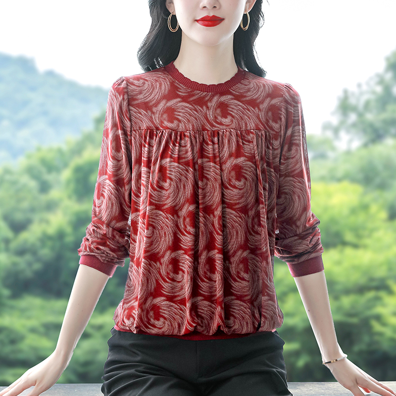 2025秋冬新款大碼女裝打底衫圓領長袖蕾絲上衣寬松遮肚子長袖小衫