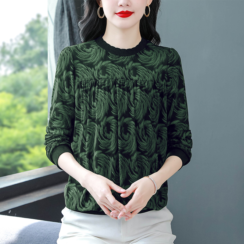 2025秋冬新款大碼女裝打底衫圓領長袖蕾絲上衣寬松遮肚子長袖小衫