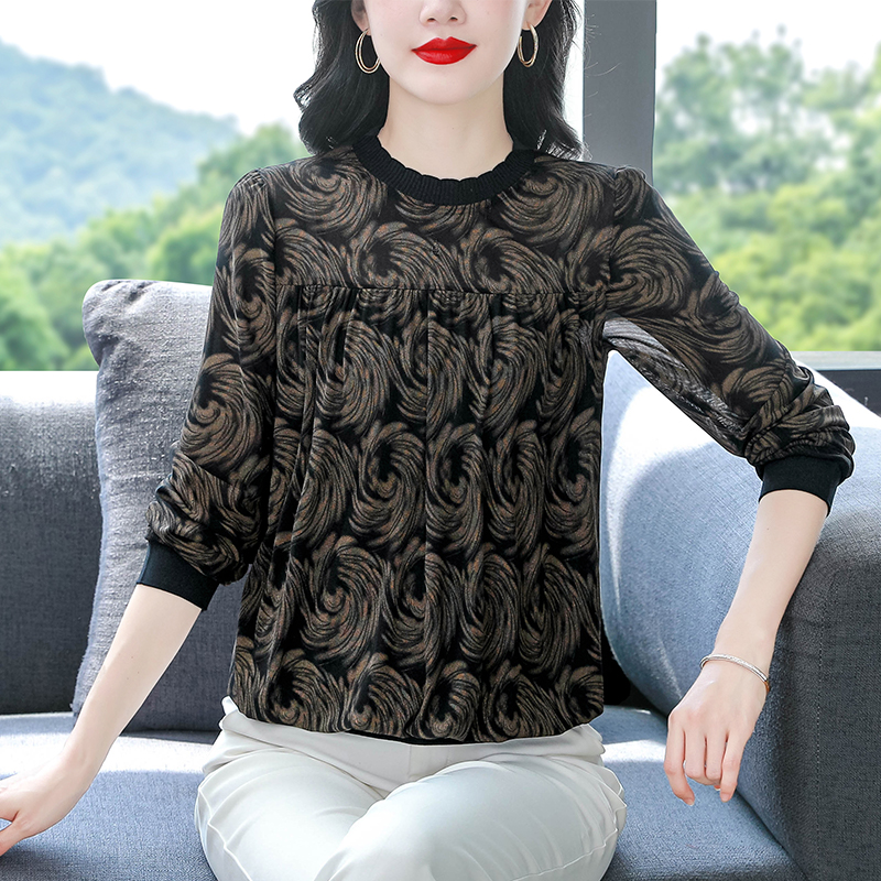 2025秋冬新款大碼女裝打底衫圓領長袖蕾絲上衣寬松遮肚子長袖小衫