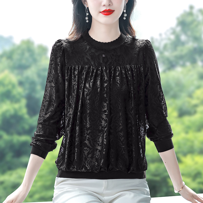 2025秋冬新款大碼女裝打底衫圓領長袖蕾絲上衣寬松遮肚子長袖小衫