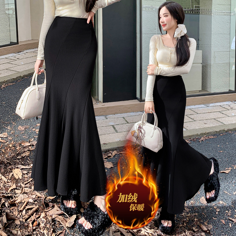 實拍2025秋冬半身裙女彈力百搭魚尾裙黑色高腰中長款半身裙子