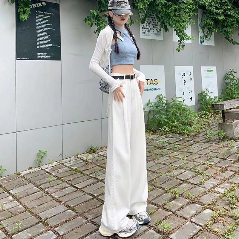 白色韓版百搭闊腿牛仔褲女裝設計感高腰褶皺寬松垂感拖地褲褲子潮
