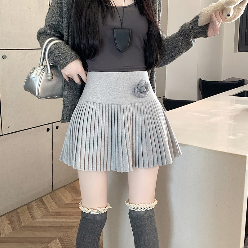 實拍2025新版紅甜辣風百搭修身高腰毛呢百褶裙半身裙 女