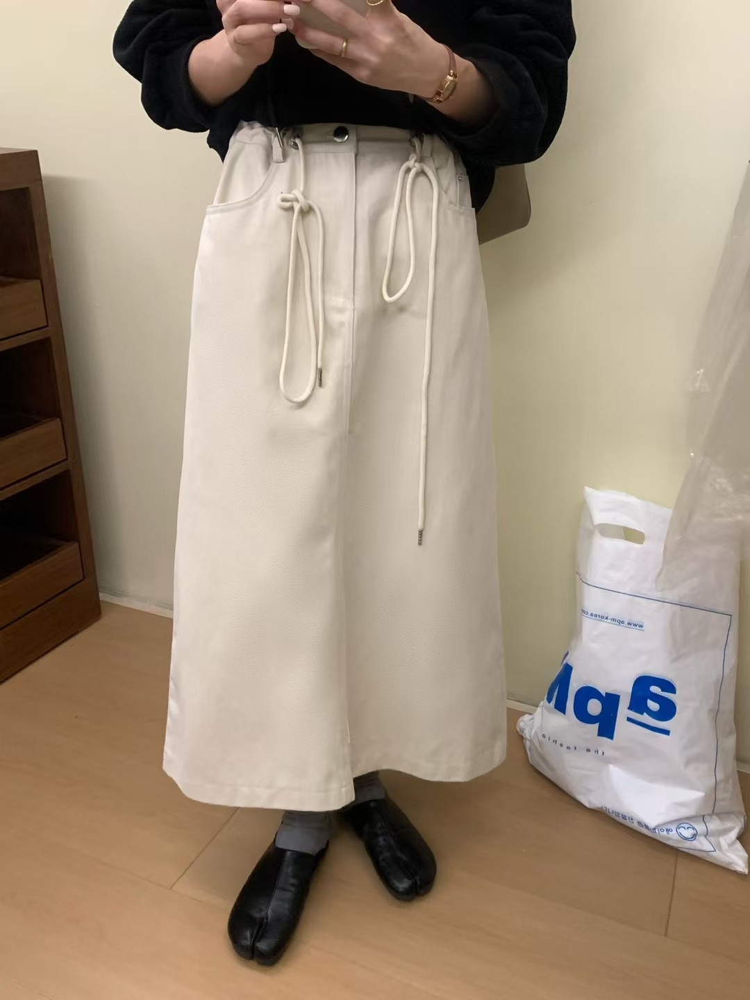 实拍～2024秋季新款韩系简约松紧腰抽绳中长款牛仔裙高腰半裙