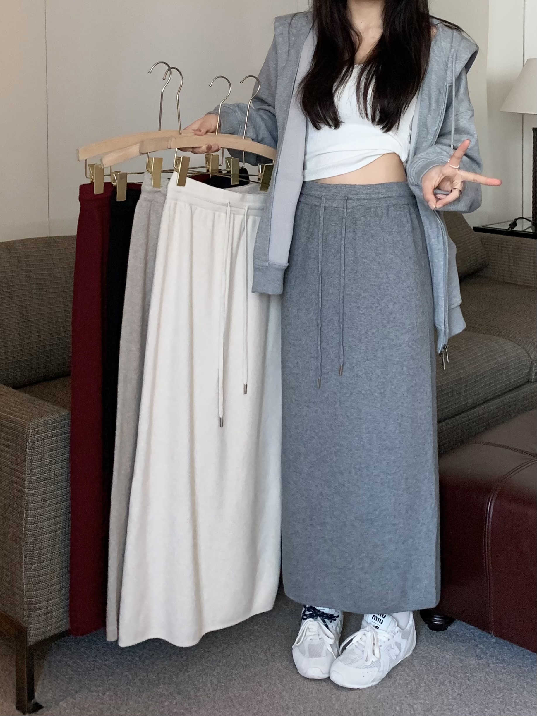 实拍实价~黑色设计感开叉针织半身裙松紧腰抽绳百搭中长款直筒裙