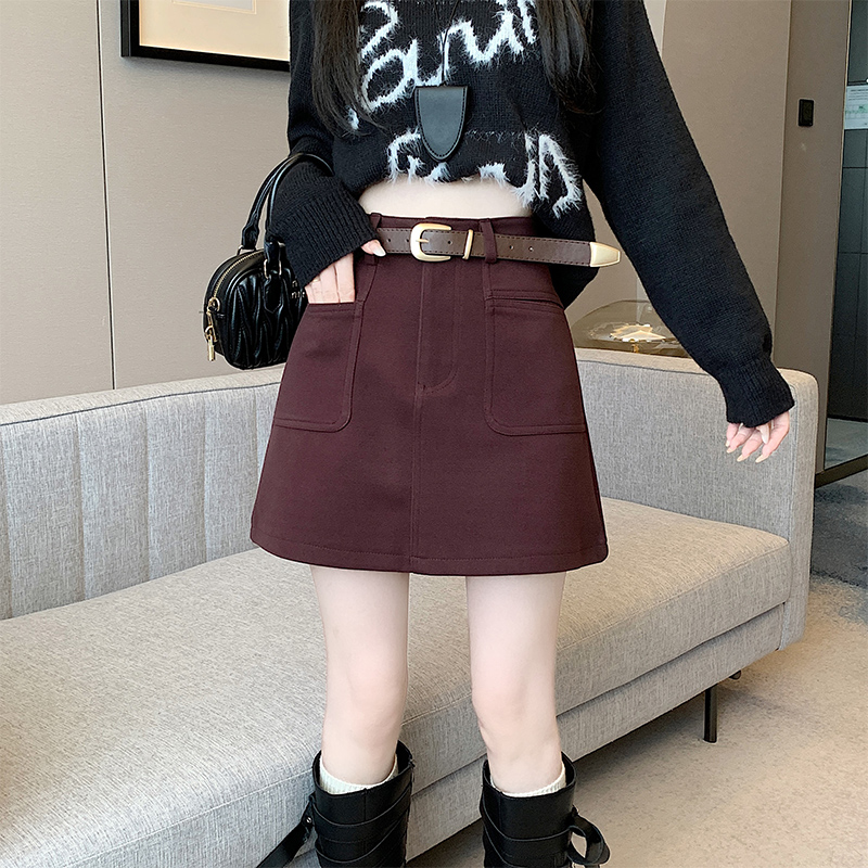 實拍2025新版紅甜辣風百搭修身高腰毛呢A字裙 半身裙 女