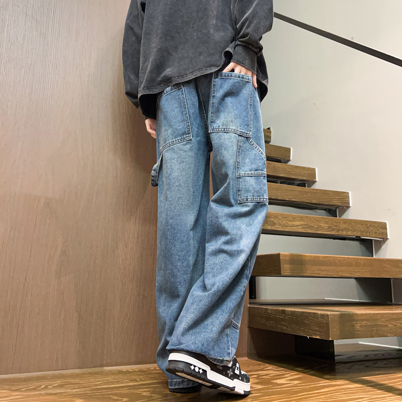實拍工裝款牛仔褲男2024秋冬新款美式高街寬松直筒系帶潮流長褲子