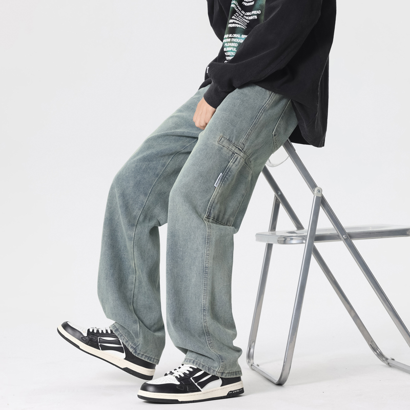 實拍秋冬新款復古牛仔褲男士洗水休閑長褲繡標闊腿直筒褲子男潮