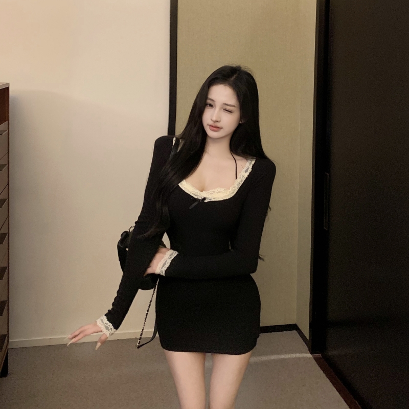 實拍實價 甜辣修身長袖針織包臀連衣裙短款