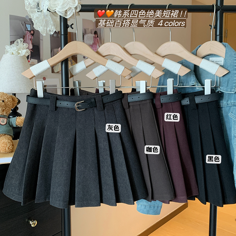 美拉德復古毛呢半身裙女秋季2025新款高腰顯瘦百褶裙百搭A字短裙