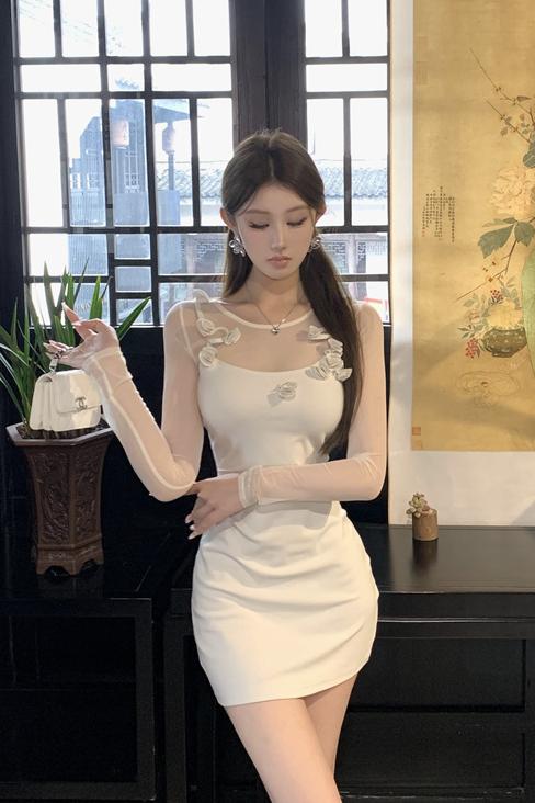 實拍實價  網紗拼接針織長袖修身顯瘦辣妹打底連衣裙包臀裙短款