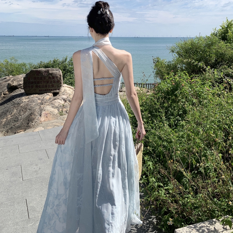 實拍富士神女 斜肩飄帶連衣裙女夏季蝴蝶植絨長款仙女裙