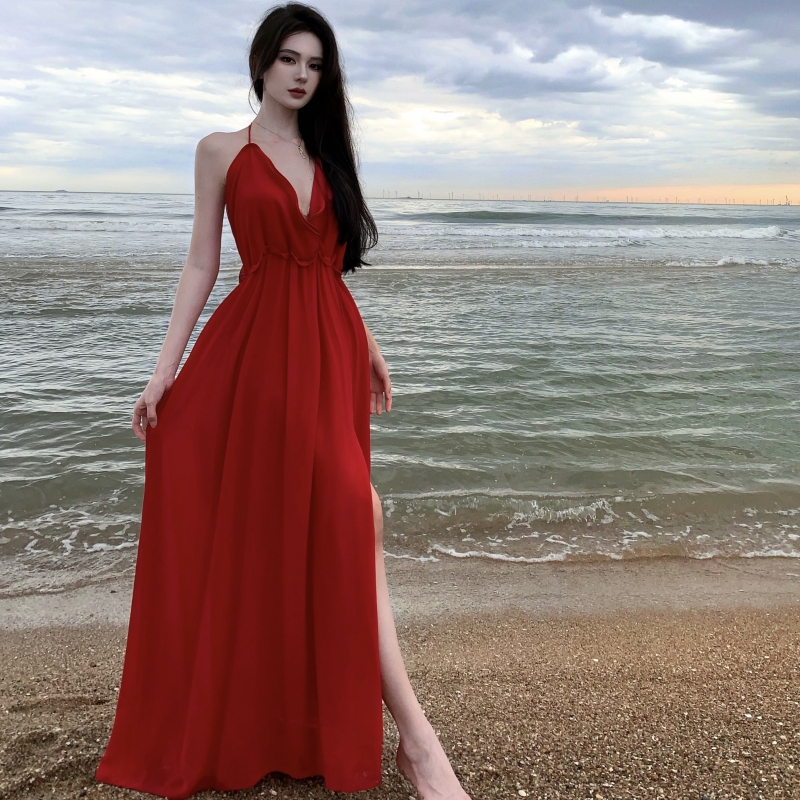 實拍紅色度假風掛脖波浪花邊露背連衣裙女夏大擺沙灘裙