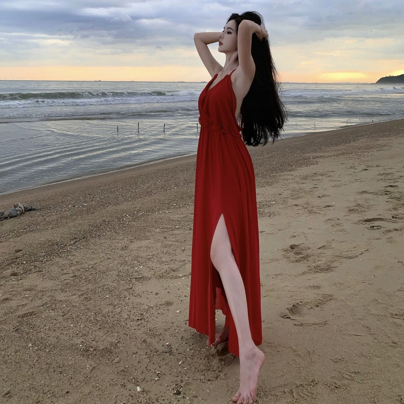 實拍紅色度假風掛脖波浪花邊露背連衣裙女夏大擺沙灘裙