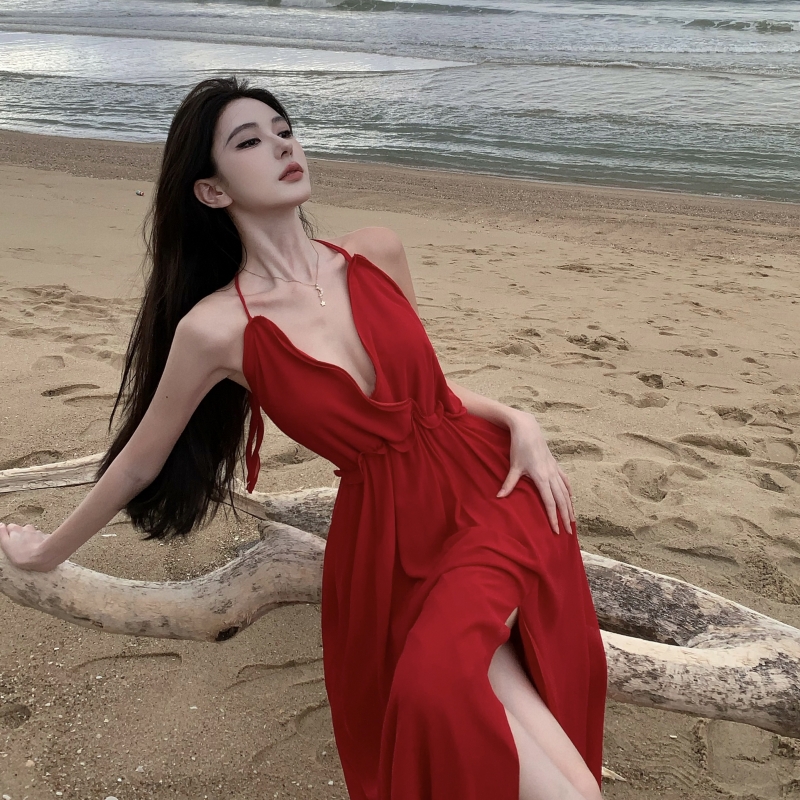 實拍紅色度假風掛脖波浪花邊露背連衣裙女夏大擺沙灘裙