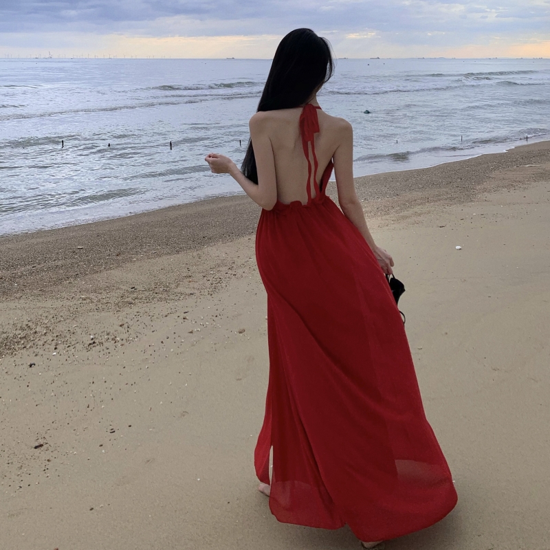 實拍紅色度假風掛脖波浪花邊露背連衣裙女夏大擺沙灘裙
