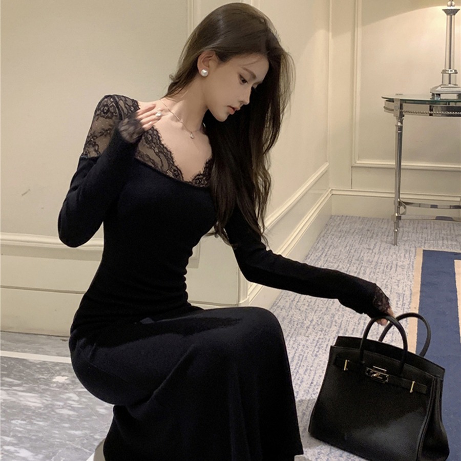實拍新款復古性感V領蕾絲拼接包臀魚尾裙收腰顯瘦連衣裙女