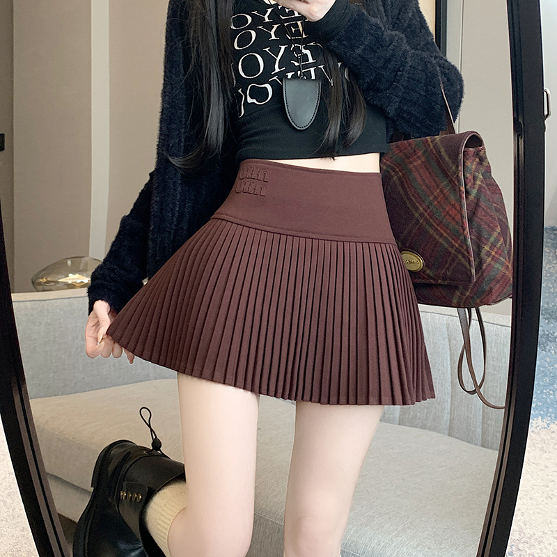 實拍2025新版紅甜辣風百搭修身高腰刺繡毛呢百褶裙半身裙 女