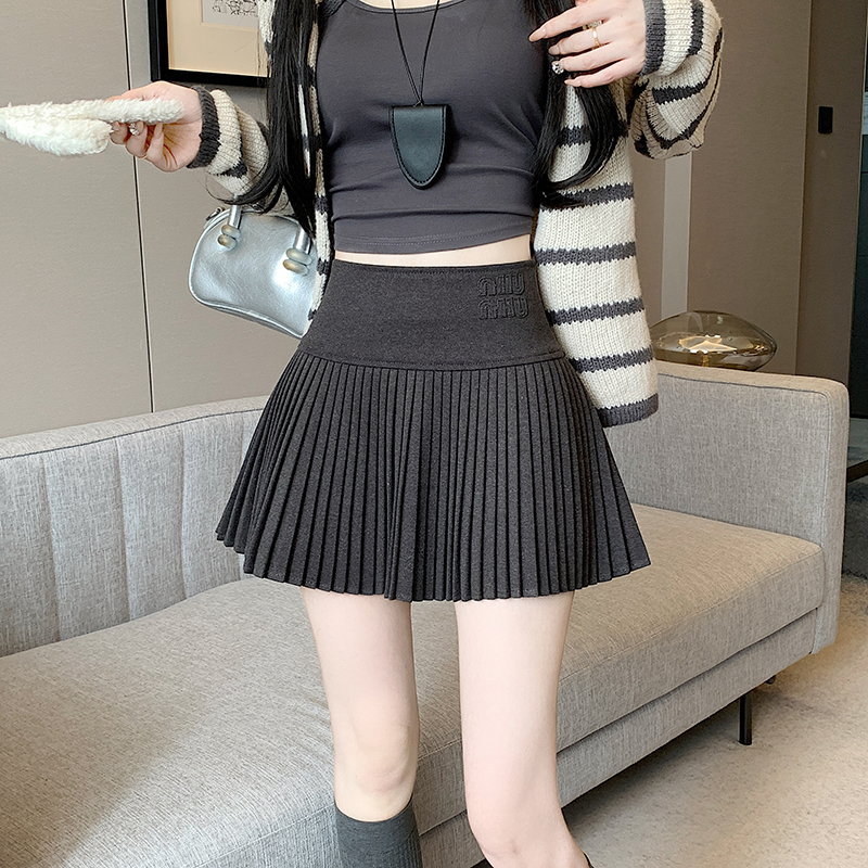 實拍2025新版紅甜辣風百搭修身高腰刺繡毛呢百褶裙半身裙 女