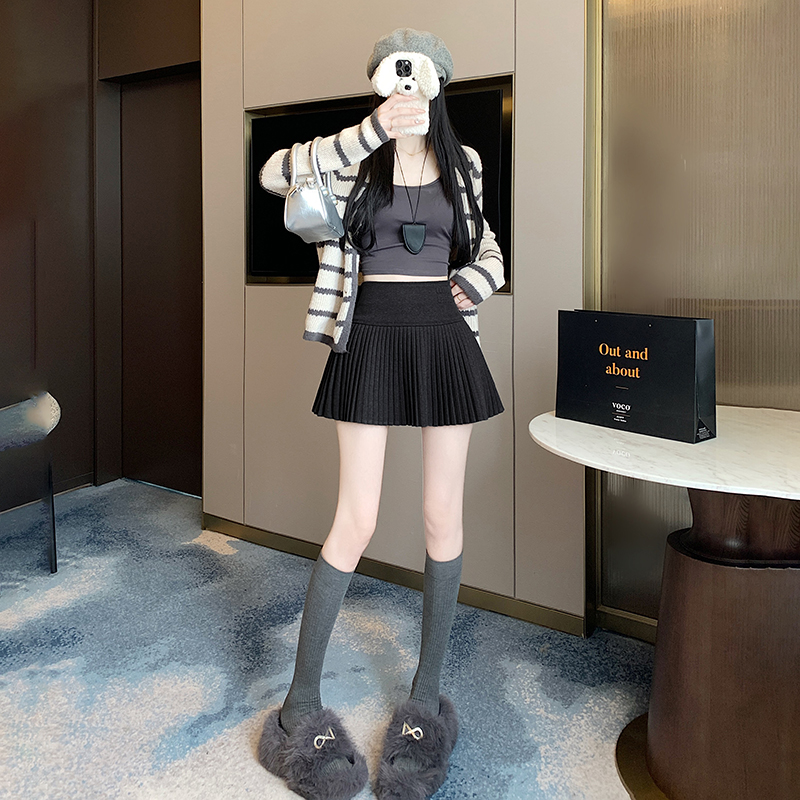 實拍2025新版紅甜辣風百搭修身高腰刺繡毛呢百褶裙半身裙 女