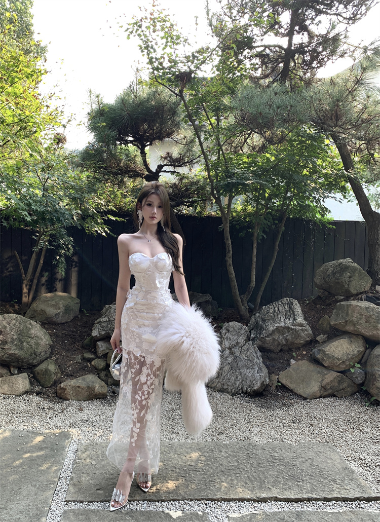 實拍實價 辣妹抹胸立體花瓣網紗修身顯瘦連衣裙中長款