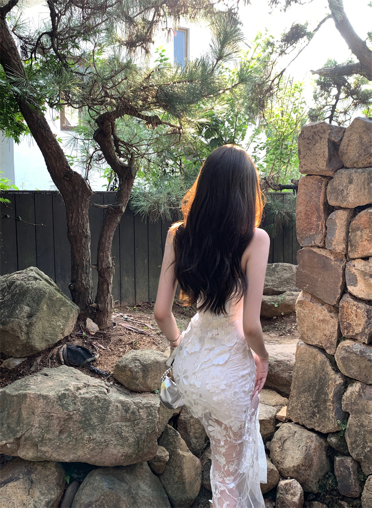 實拍實價 辣妹抹胸立體花瓣網紗修身顯瘦連衣裙中長款