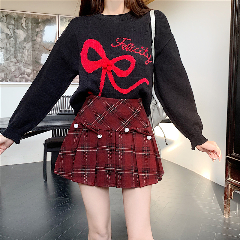 實拍實價 毛呢格子百褶裙A字裙半身裙女秋冬高腰新款傘裙褲短裙子