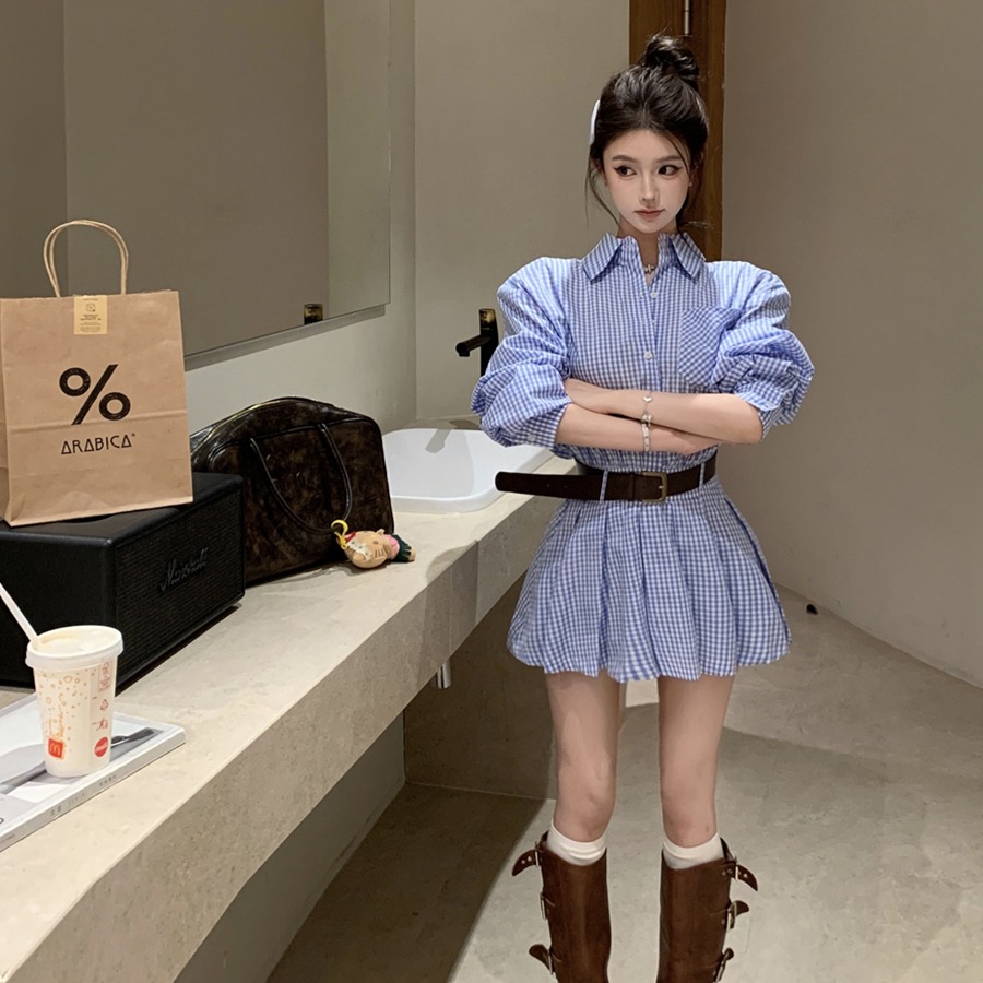 實拍收腰顯瘦藍白格子襯衫連衣裙百褶短裙子有肩墊女
