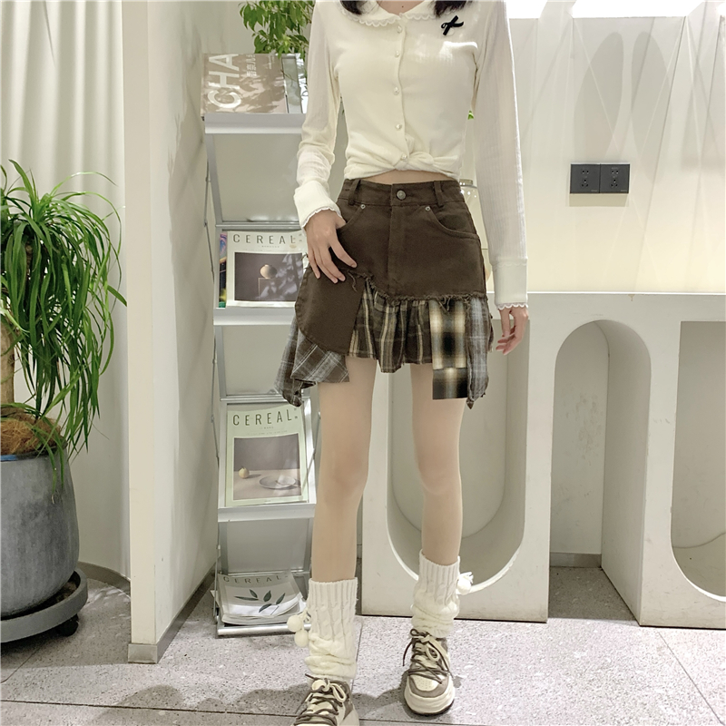 實拍實價 不規則高腰撞色格子防走光a字裙女秋冬新款百搭半身裙子