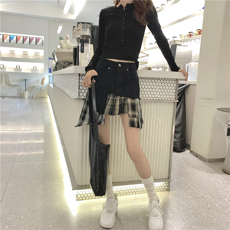 實拍實價 不規則高腰撞色格子防走光a字裙女秋冬新款百搭半身裙子