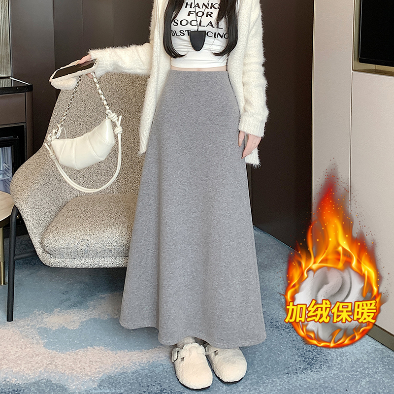 針織半身裙女秋冬加絨加厚松緊腰糯米裙高腰a字長款大擺裙傘裙