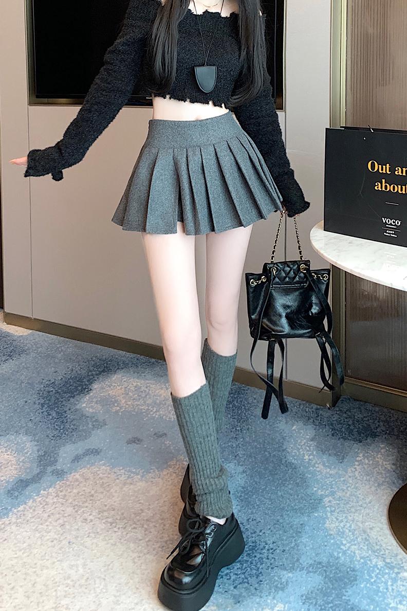 實拍黑色毛呢短裙半身裙女新款高腰百褶裙A字裙裙子傘裙褲裙
