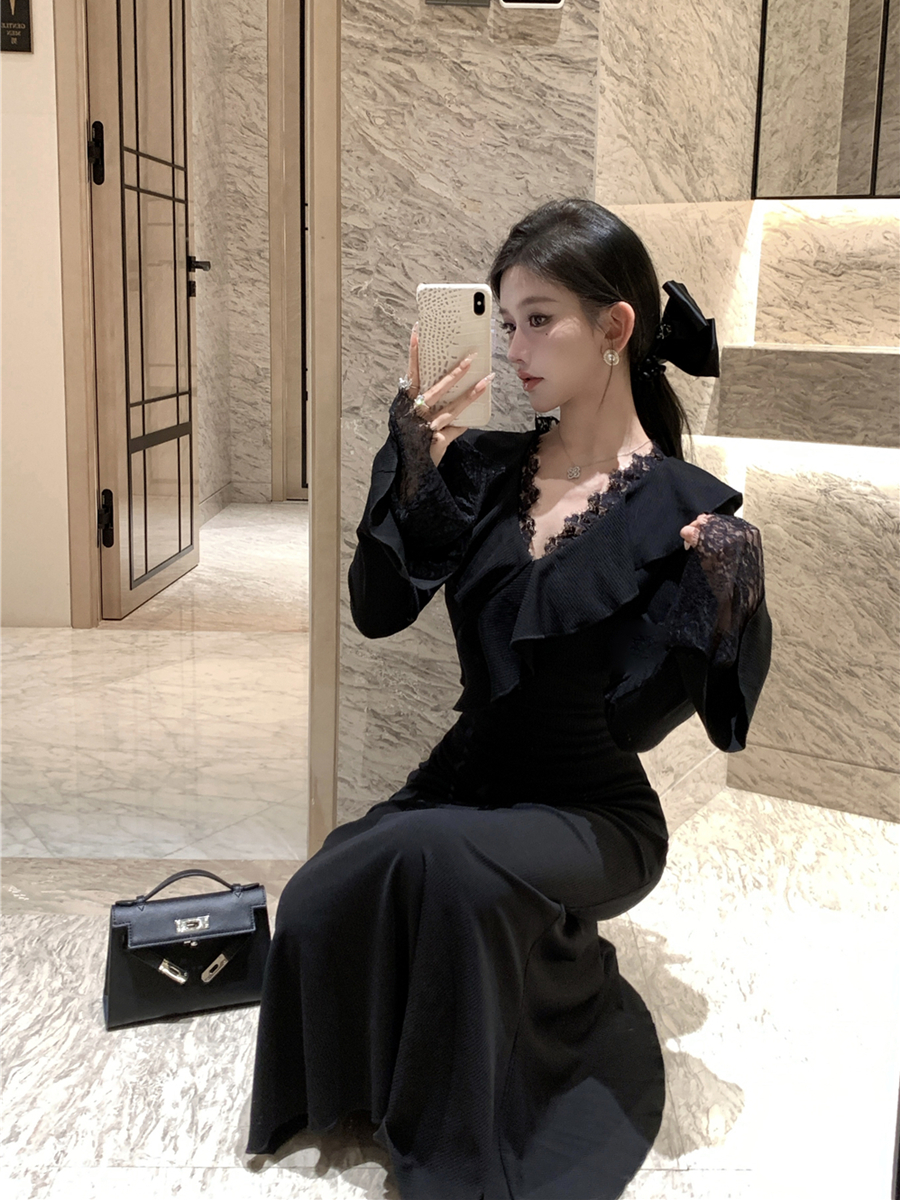 實拍復古性感V領蕾絲花邊收腰顯瘦包臀魚尾裙連衣裙長裙女