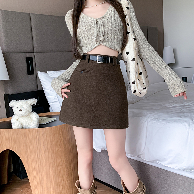 實拍2025新版紅甜辣風百搭修身高腰毛呢A字裙 半身裙 女