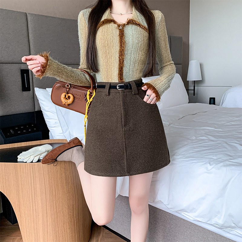 實拍2025新版紅甜辣風百搭修身高腰羊絨毛呢A字裙 半身裙 女