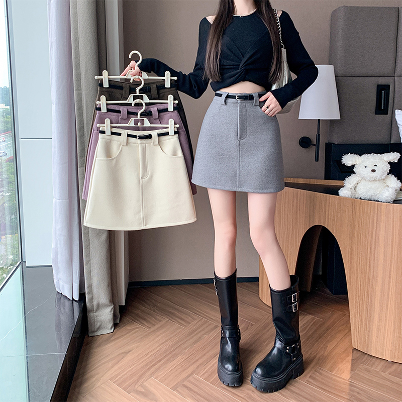 實拍2025新版紅甜辣風百搭修身高腰羊絨毛呢A字裙 半身裙 女