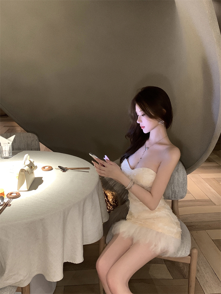 實拍實價  魚姬珠片修身顯瘦抹胸辣妹宴會禮服連衣裙短款