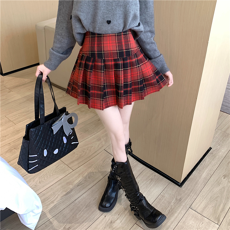 實拍實價   格子毛呢半身裙女春秋高腰顯瘦a字裙短裙百褶裙秋冬季