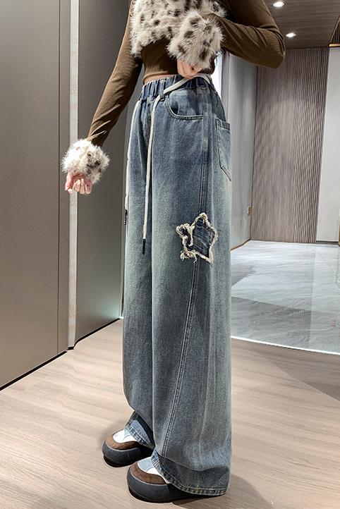 實拍 加絨牛仔長褲星星刺繡寬松緊高腰直筒顯瘦加肥大碼女裝230斤