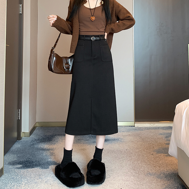 實拍百搭顯瘦包臀裙女毛呢長裙子2025秋冬新款高腰中長款半身裙