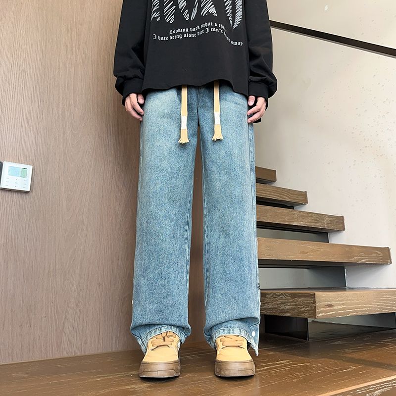 實拍秋冬直筒寬松潮牌闊腿美式復古洗水高街潮流休閑牛仔褲子男