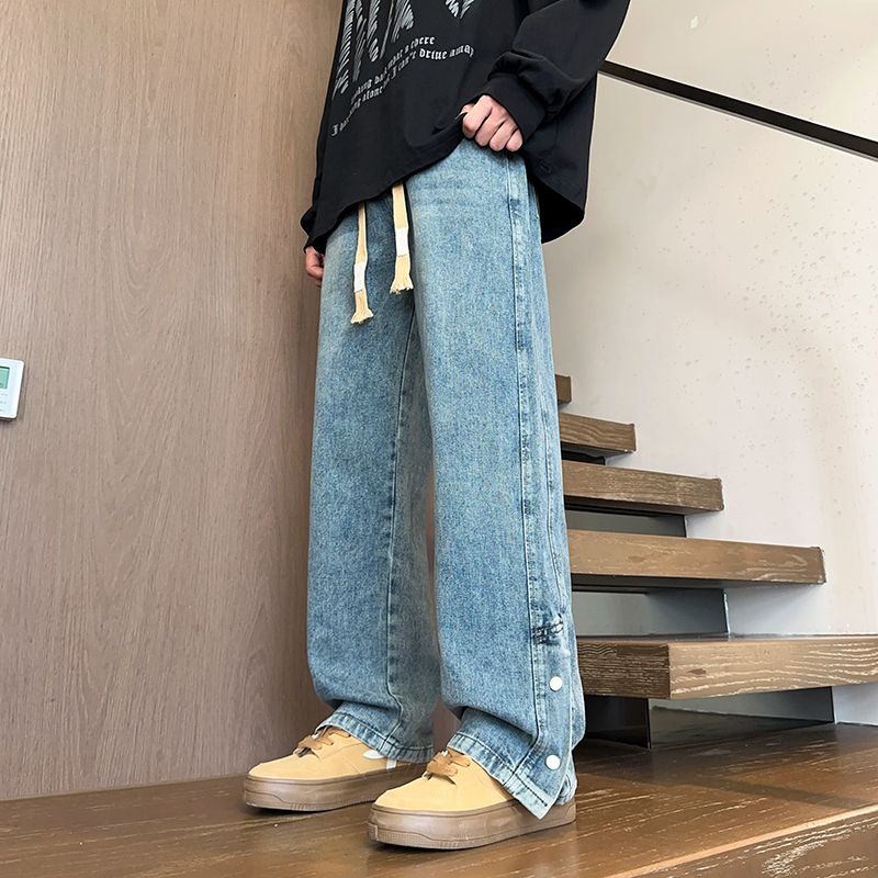 實拍秋冬直筒寬松潮牌闊腿美式復古洗水高街潮流休閑牛仔褲子男