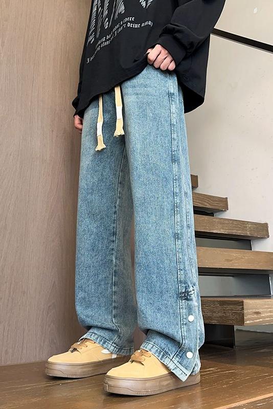 實拍秋冬直筒寬松潮牌闊腿美式復古洗水高街潮流休閑牛仔褲子男