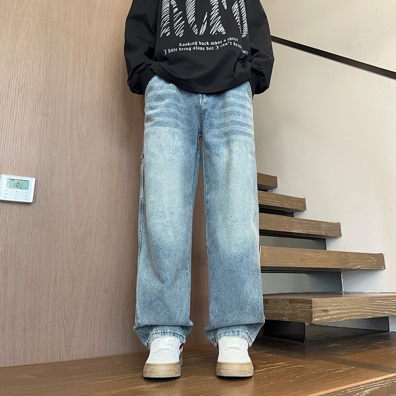 實拍秋冬牛仔褲男直筒寬松潮牌闊腿美式復古高街潮流休閑長褲子