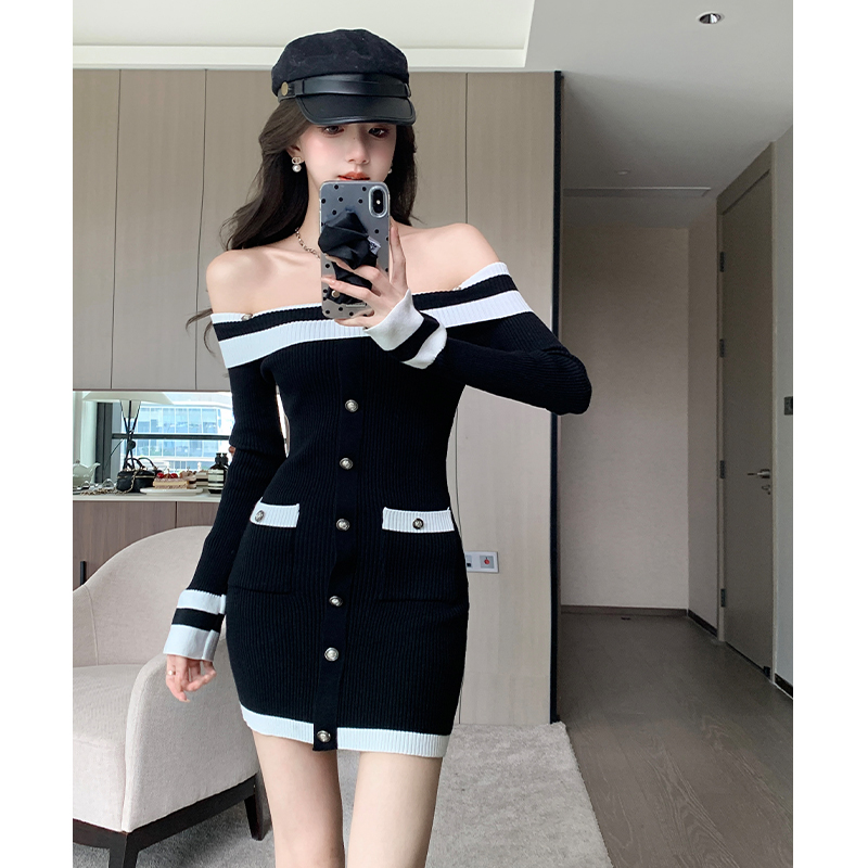 實拍小香風撞色抹胸連衣裙女秋冬氣質收腰針織短裙顯瘦包臀裙