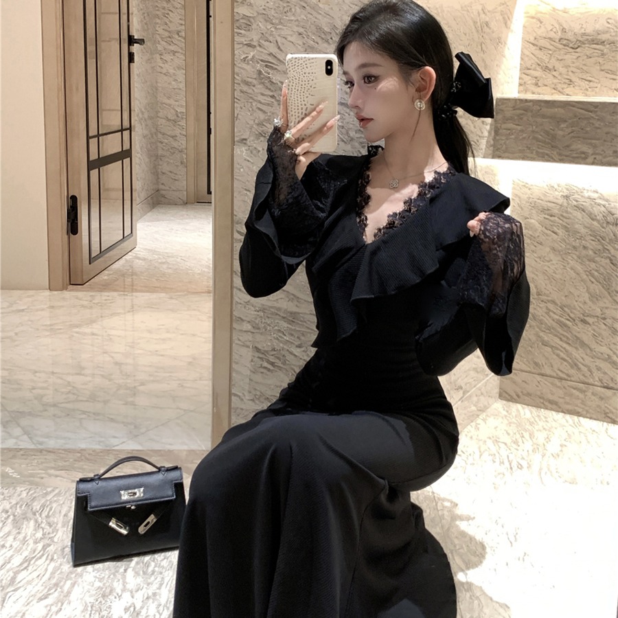 實拍復古性感V領蕾絲花邊收腰顯瘦包臀魚尾裙連衣裙長裙女