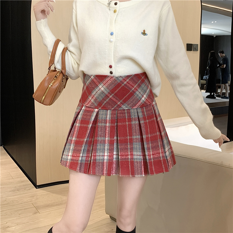 實拍實價 毛呢格子百褶裙半身裙女秋冬高腰A字裙短裙包臀裙裙子潮